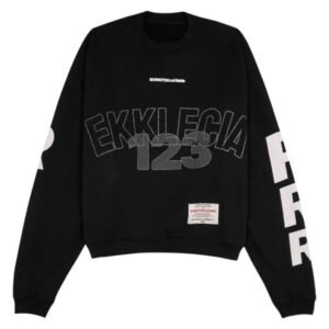 RIVINGTON roi Rebis RRR123 Ekklecia Sweatshirt in black cotton with white gothic sleeve graphics and boxy oversized fit.