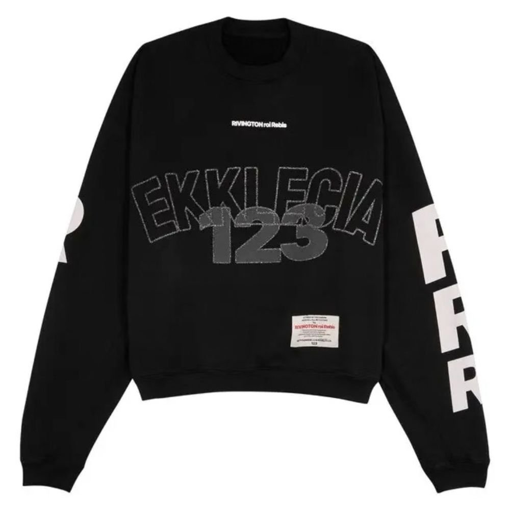 rivington-roi-rebis-rrr123-ekklecia-sweatshirt RIVINGTON roi Rebis RRR123 Ekklecia Sweatshirt in black cotton with white gothic sleeve graphics and boxy oversized fit.